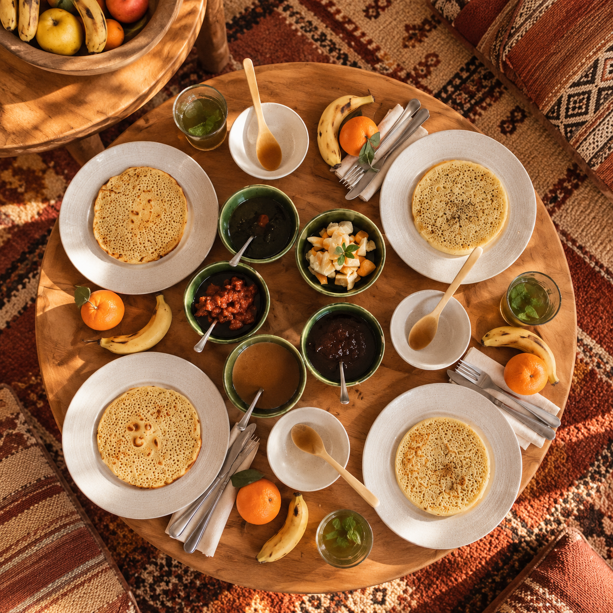 Moroccan breakfast with fresh fruit and local dishes served at Bab Zouina retreat near Marrakech, Morocco.