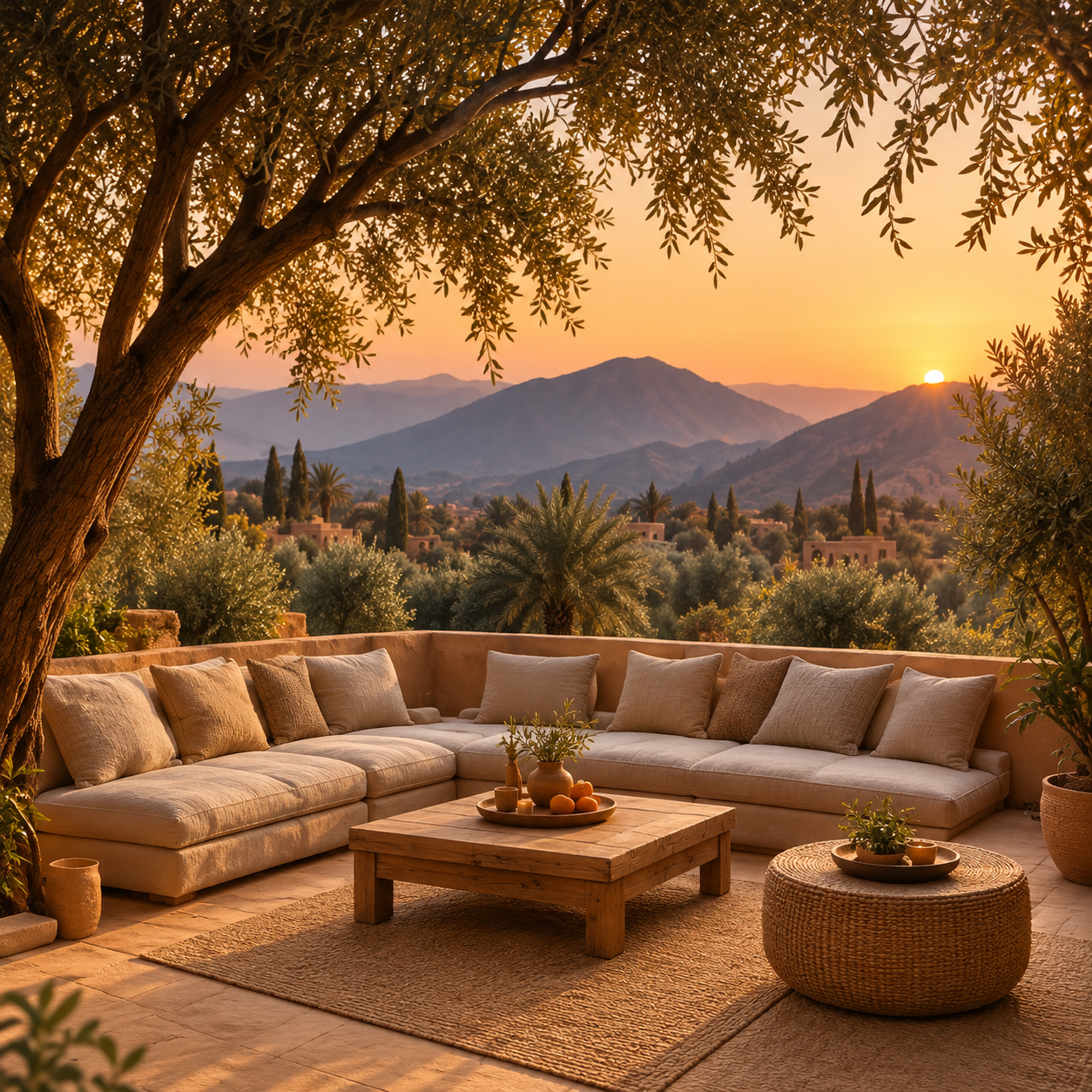 Outdoor lounge among olive trees overlooking the Atlas Mountains at sunset in Morocco in Bab Zouina.