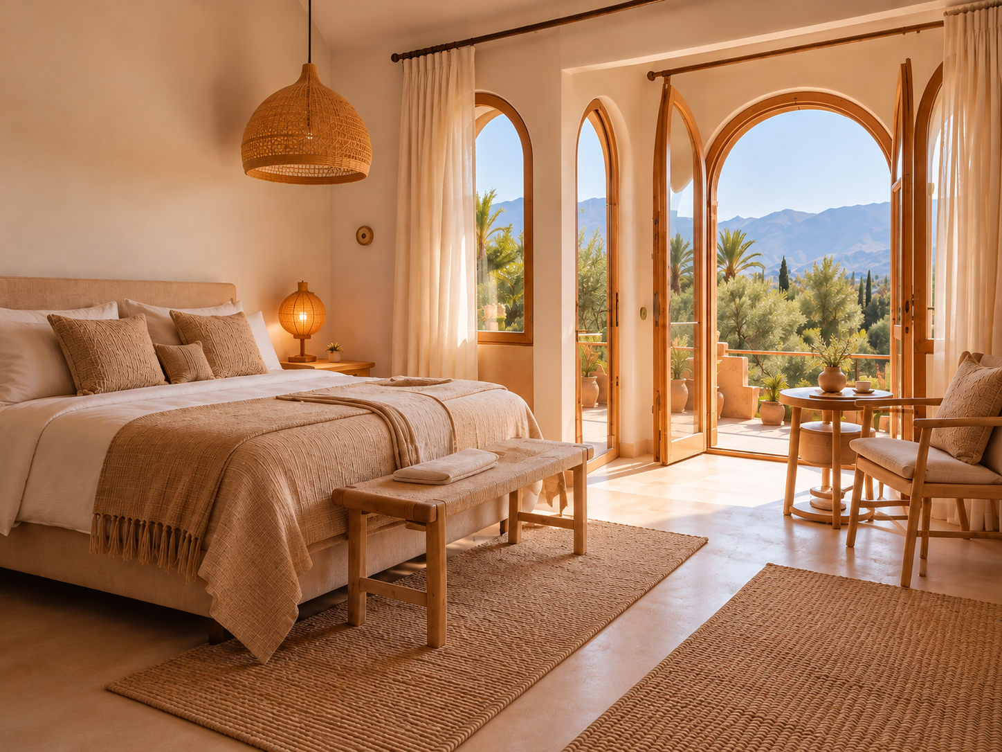 Peaceful retreat bedroom with a private terrace overlooking the Atlas Mountains in Morocco at Bab Zouina.