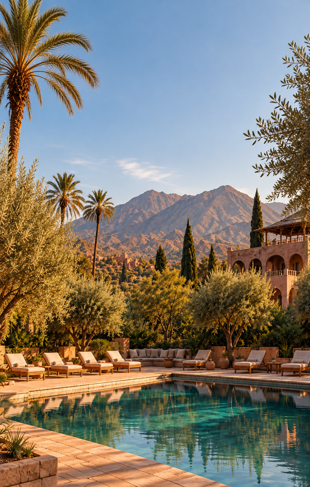 Swimming pool surrounded by olive trees and palms with Atlas Mountains views at a Morocco wellness retreat in Bab Zouina.
