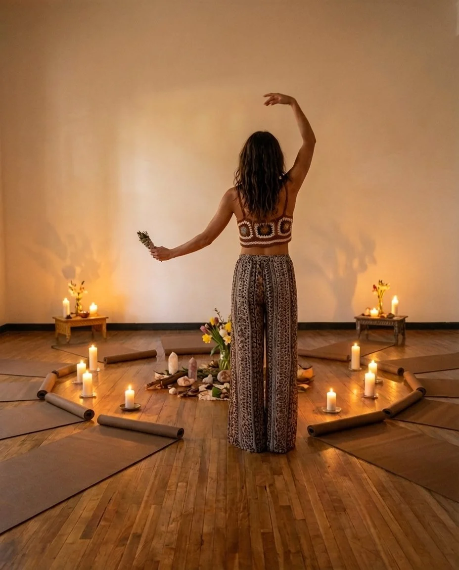 Spring equinox ceremony at Studio Sukūn in Montreal with candlelight, yoga, and somatic ritual practices