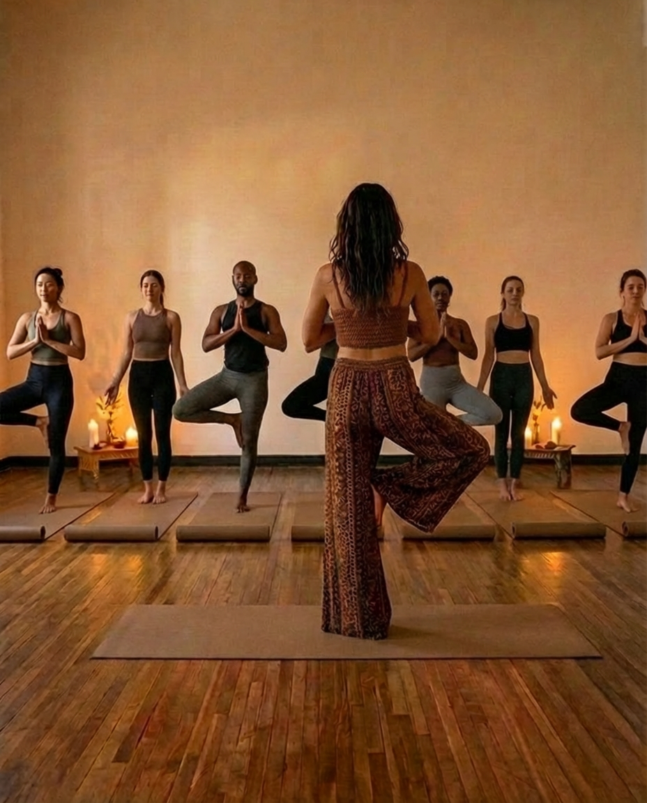 Group yoga class at Studio Sukūn in Montreal with mindful movement and somatic awareness in studio setting