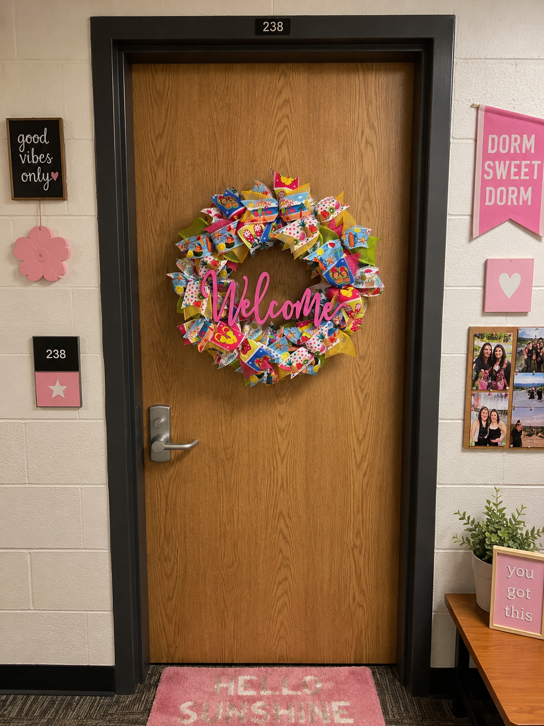 tropical beach ribbon wreath with welcome sign on dorm door