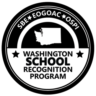 Seal with a map of Washington state, text reading 'Washington School Recognition Program,' and surrounding words 'SBE EOGOAC OSPI'.
