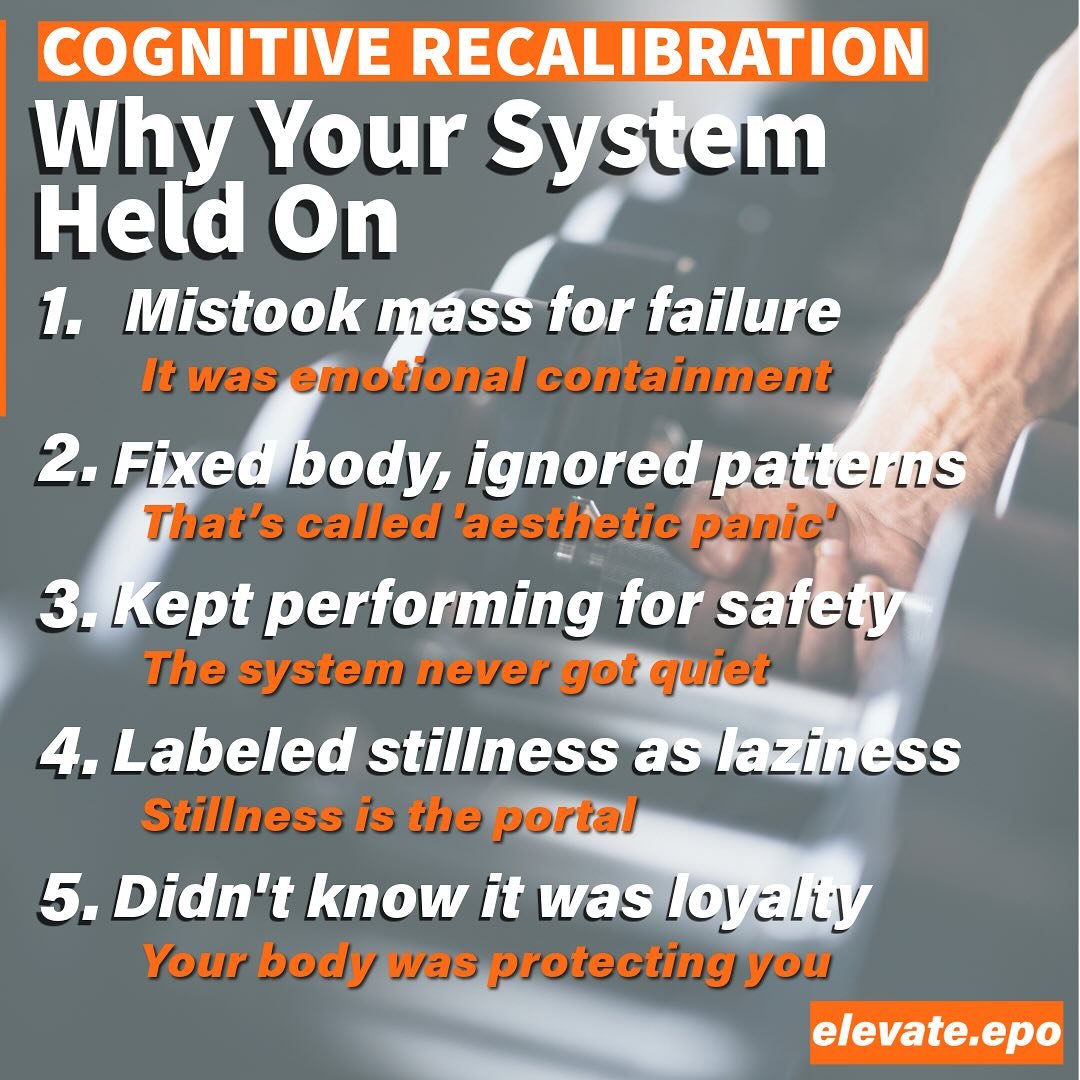 You didn’t fail.
Your system held on.
Mass was never the enemy. It was memory.
Save this.
Sit with it.
Send it to someone who thinks their body is the problem.
#elevateepo #massasmessage #nervoussystemrecalibration #weightlossreframe #contain