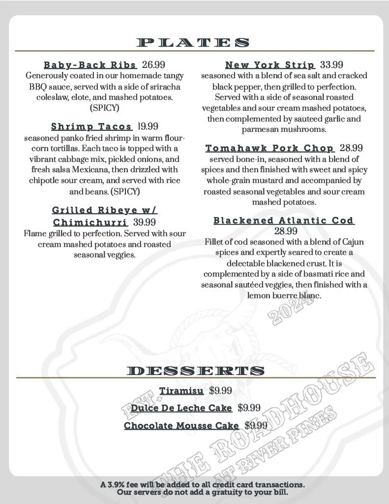 Restaurant menu with sections for Plates and Desserts, including items like Baby-Back Ribs, New York Strip, Shrimp Tacos, Grilled Ribeye with Chimichurri, Tomahawk Pork Chop, Blackened Atlantic Cod, and desserts such as Tiramisu, Dulce De Leche Cake,