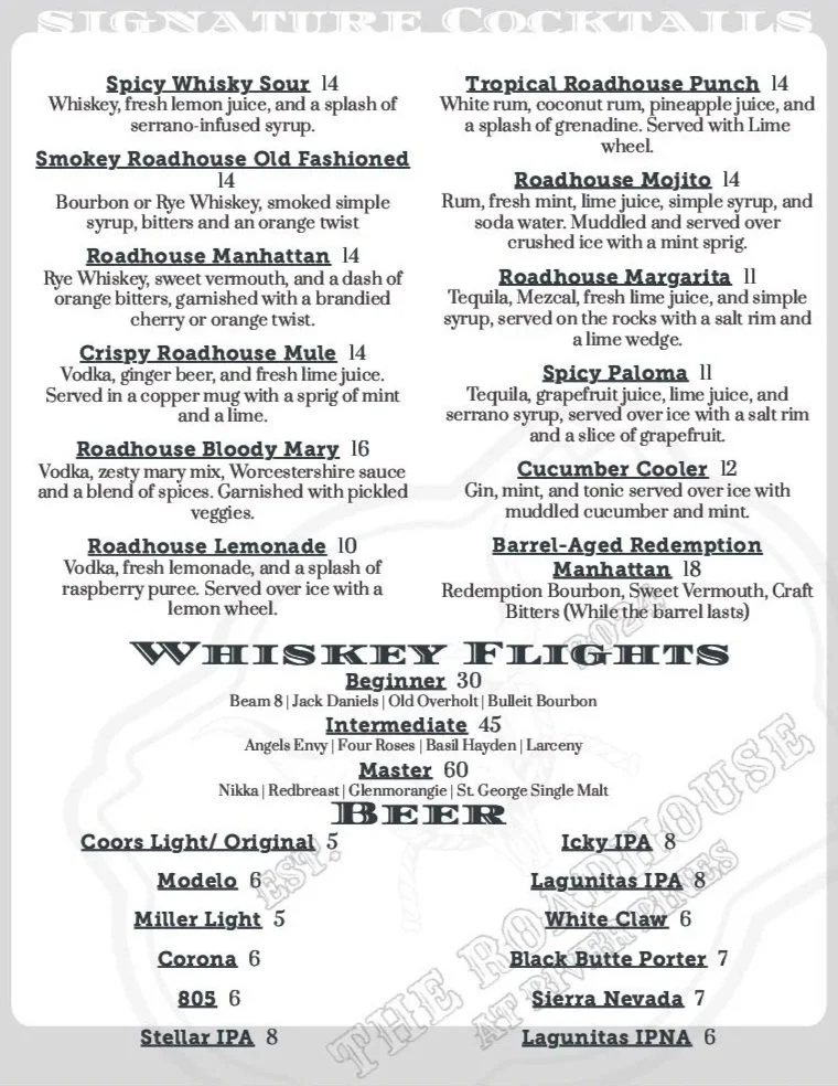 Menu section listing signature cocktails, whiskey flights, and beer options with descriptions and prices.