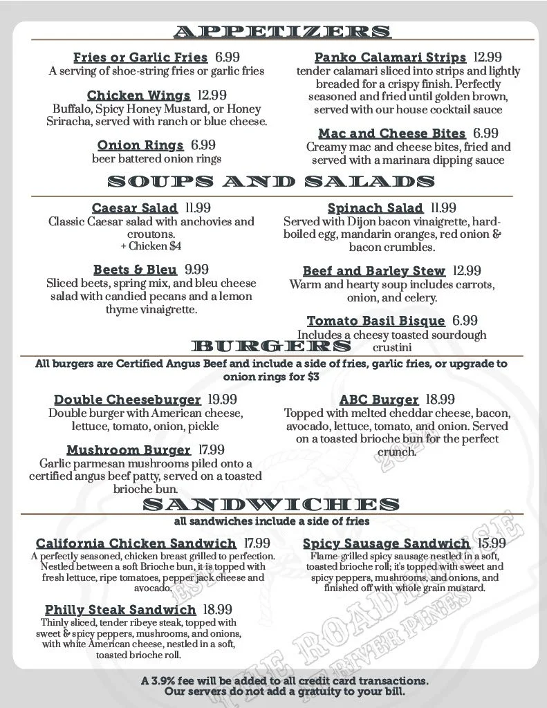 Menu featuring appetizers, soups, salads, burgers, and sandwiches with prices and descriptions.