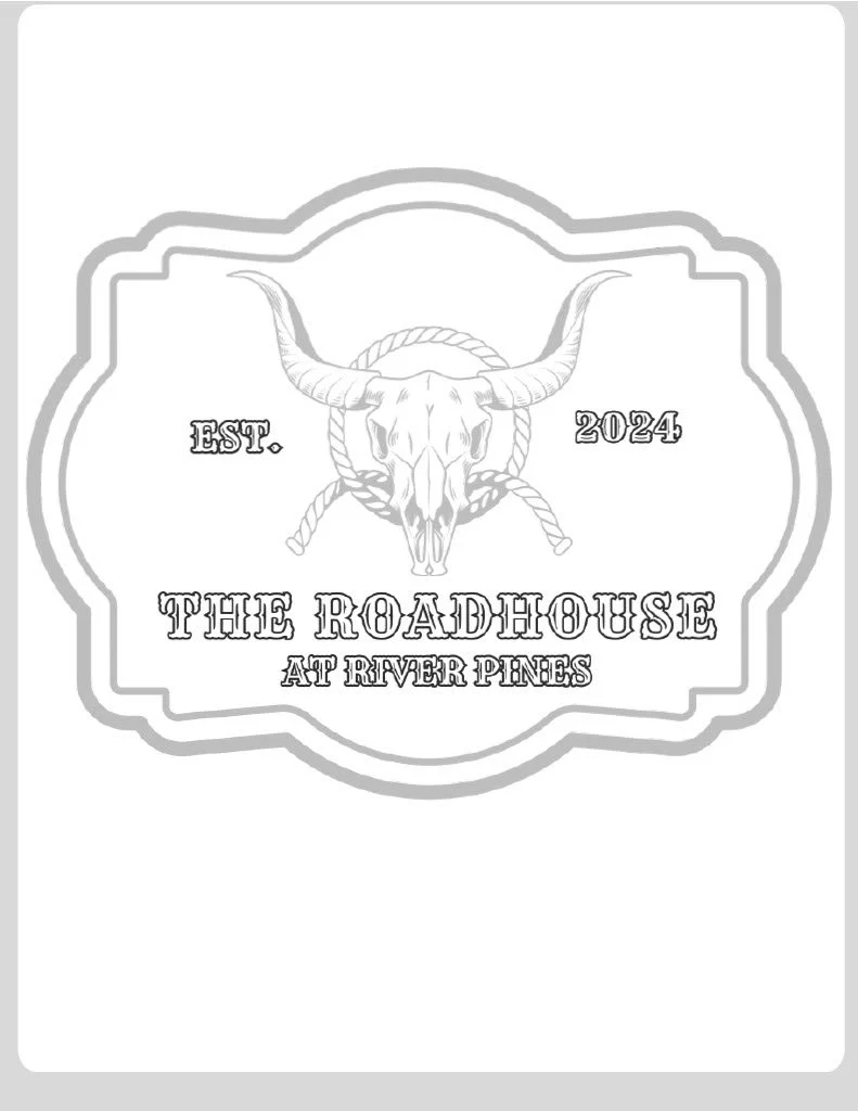 Logo with a cow skull and horns, surrounded by rope, with text that reads "Est. 2024, The Roadhouse at Riverside Pines".
