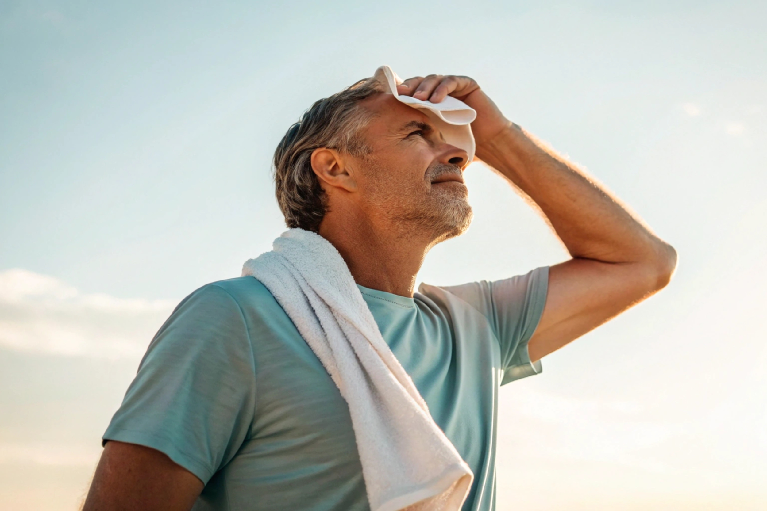 Man in aqua t-shirt looking up at the sky and wiping his face with a white towel that is partially draped over his shoulder