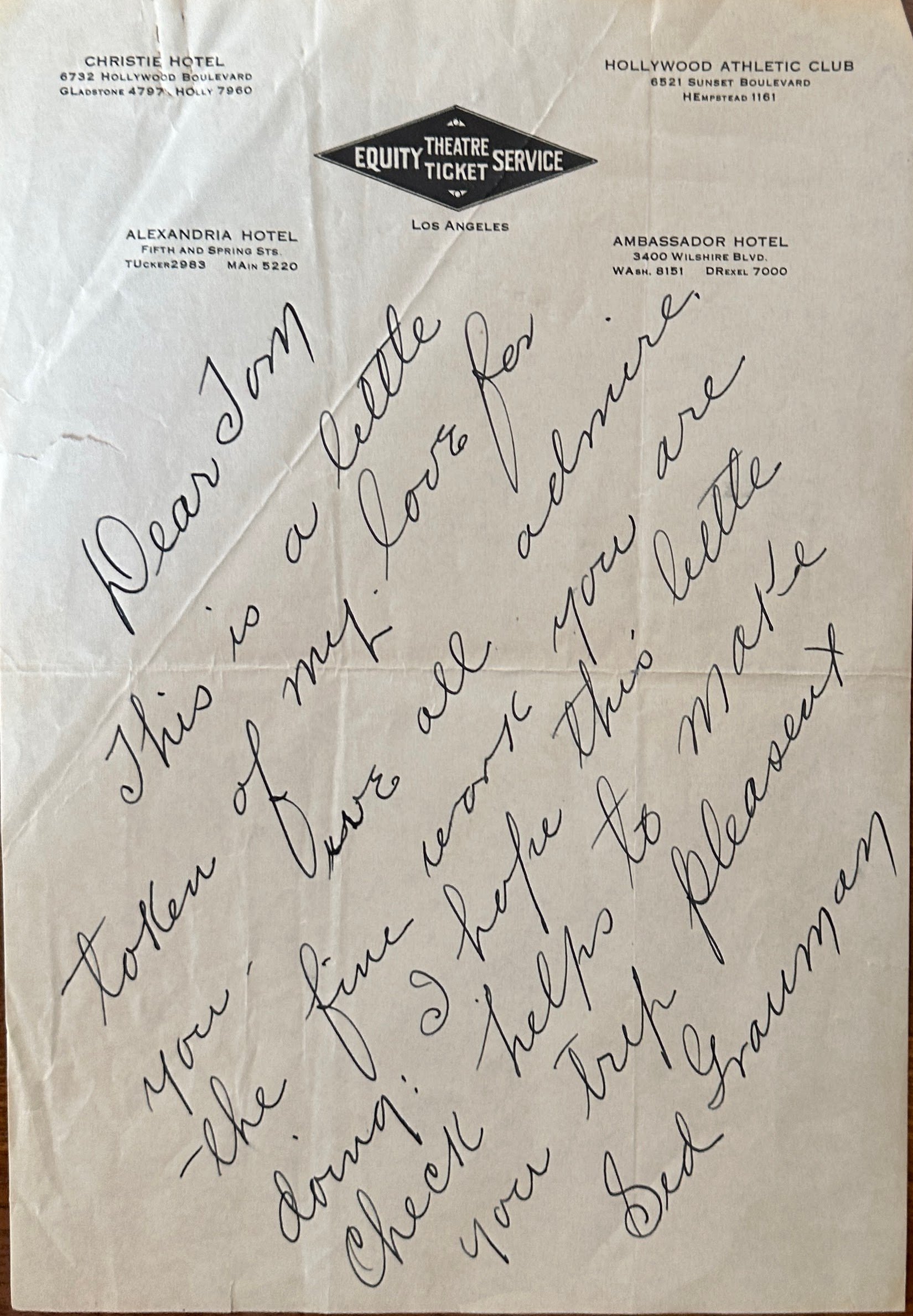 Note from Sid Grauman to TL Midnight Mission and Tom and Mary Liddicoat papers (circa 1930s) CSWA 0413, Box 1