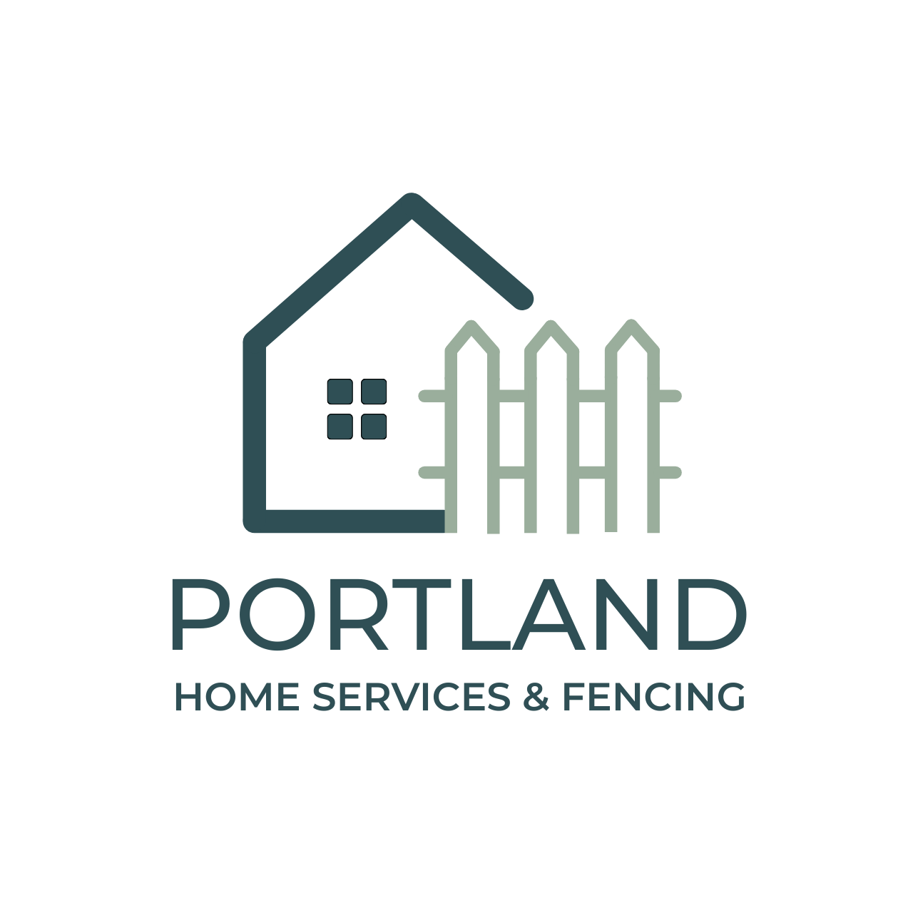 A minimalistic logo features a house, a picket fence, and a window, with the text "PORTLAND HOME SERVICES & FENCING" underneath.