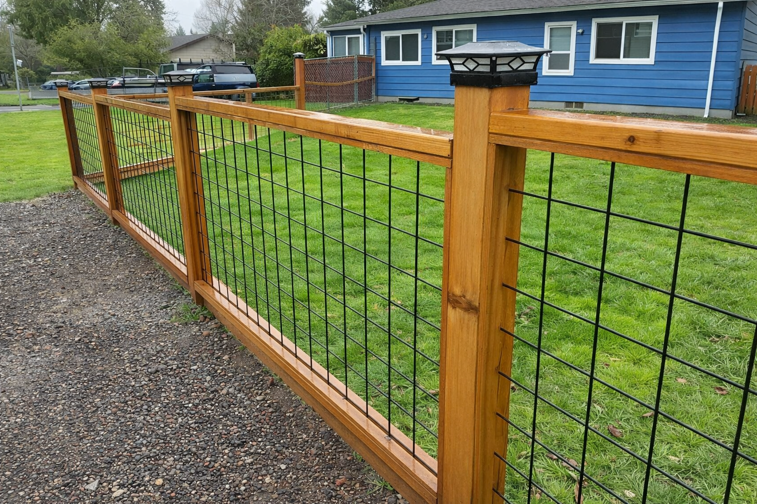Modern cedar wood fence with black welded hog wire panels and post cap lights installed in a Portland Oregon residential yard