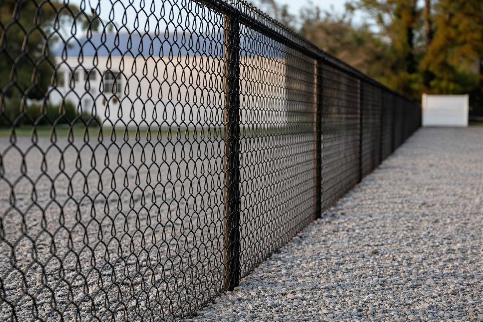 Black chain link fence installed over gravel surface in a residential backyard with a house in the background.
