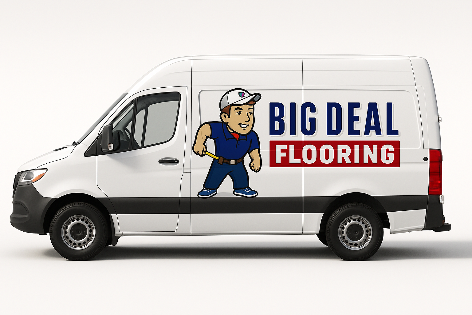 White van with "Big Deal Flooring" branding and cartoon character holding a pencil.