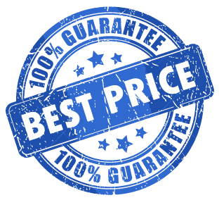 Blue stamp graphic with text "BEST PRICE" and "100% GUARANTEE" in a circular design.