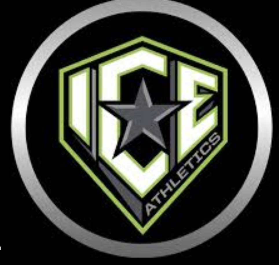 Logo of ICE Athletics featuring a star and shield design with neon green, gray, and black colors.