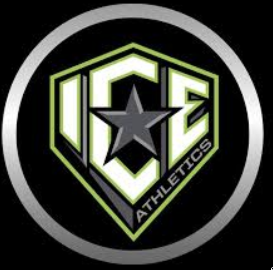 Logo with a shield shape containing the words 'ICE ATHLETICS', a star in the center, and outlined in green, black, and silver on a black background.