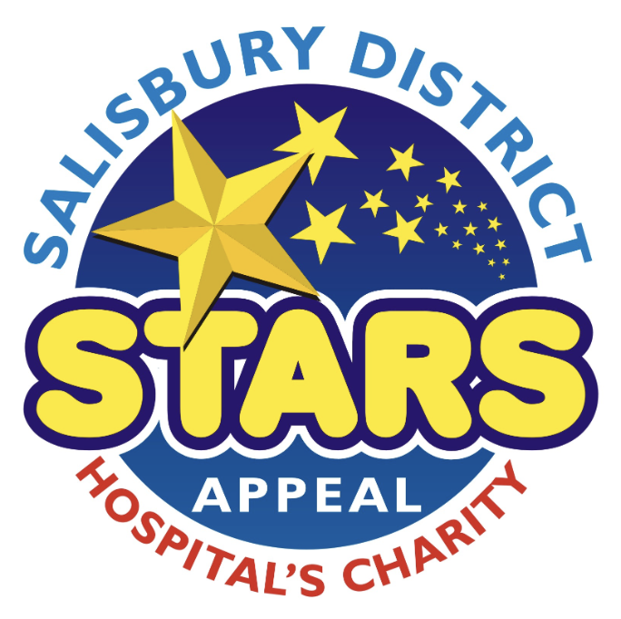 Logo for Salisbury District Stars Appeal, a hospital charity. Features a large yellow star with a dark blue background, surrounded by smaller yellow stars, and text in blue, yellow, and red.