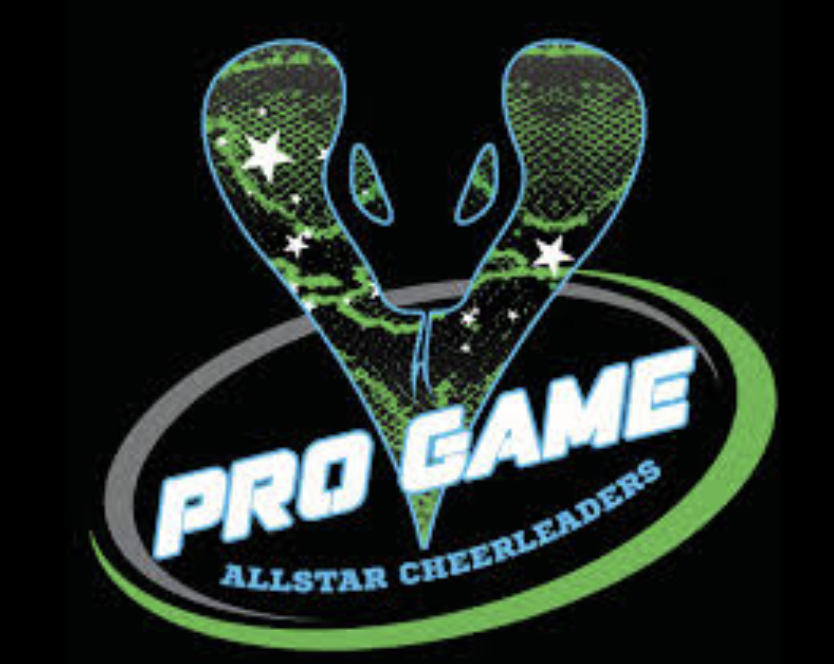 Logo featuring two green and black stylized hands forming a 'V' shape with stars, with the text 'Pro Game Allstar Cheerleaders' in white and blue, and a green and gray oval surrounding the design.