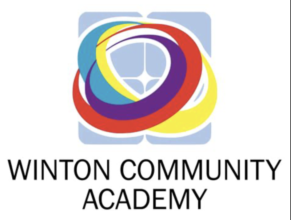 Colorful abstract logo with circular swirls in red, yellow, purple, and blue, and the text "Winton Community Academy" below.