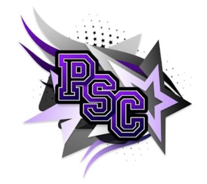 Graphic design with purple, black, gray, and white elements featuring the letters PSC which is the logo of Phoenix Stars Cheerleaders