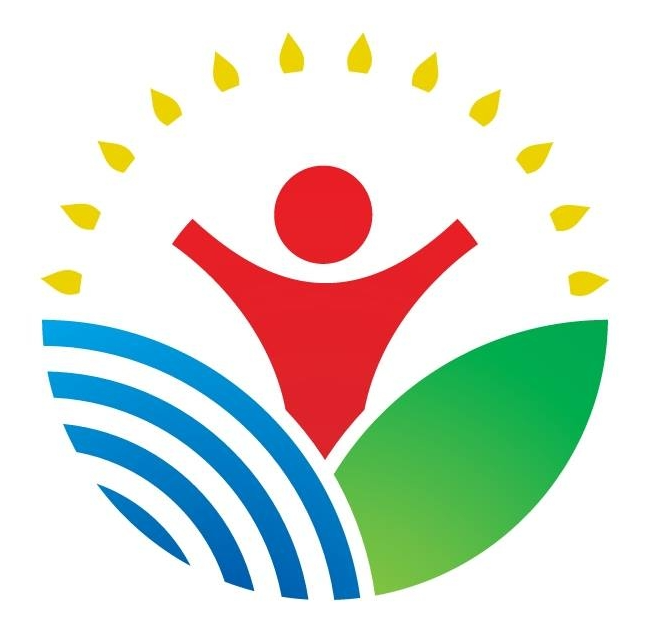 A stylized logo featuring a red human figure with arms raised, surrounded by yellow leaves or rays, on a background of three blue wavy lines and a green leaf.