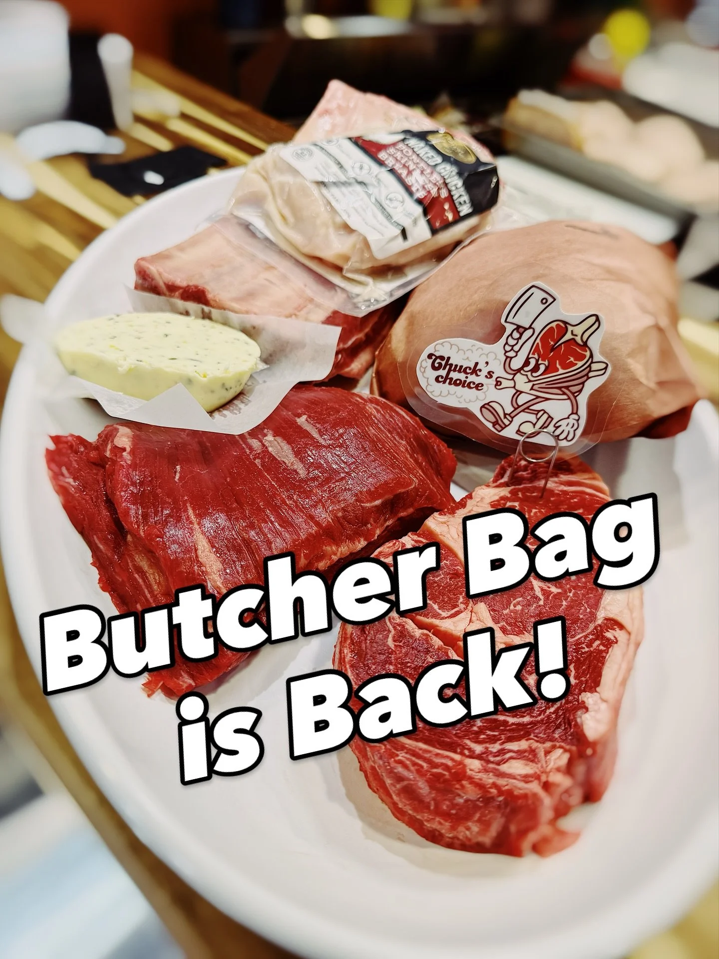 Chuck&rsquo;s Choice of the day is a chef curated Butcher Bag and includes 1 ribeye, 2# of house ground beef, 2 chicken breasts, 2# flank steak, our flavorful house compound butter, and a behemoth 1/2 rack of Dino ribs! Score this deal for $100 and y