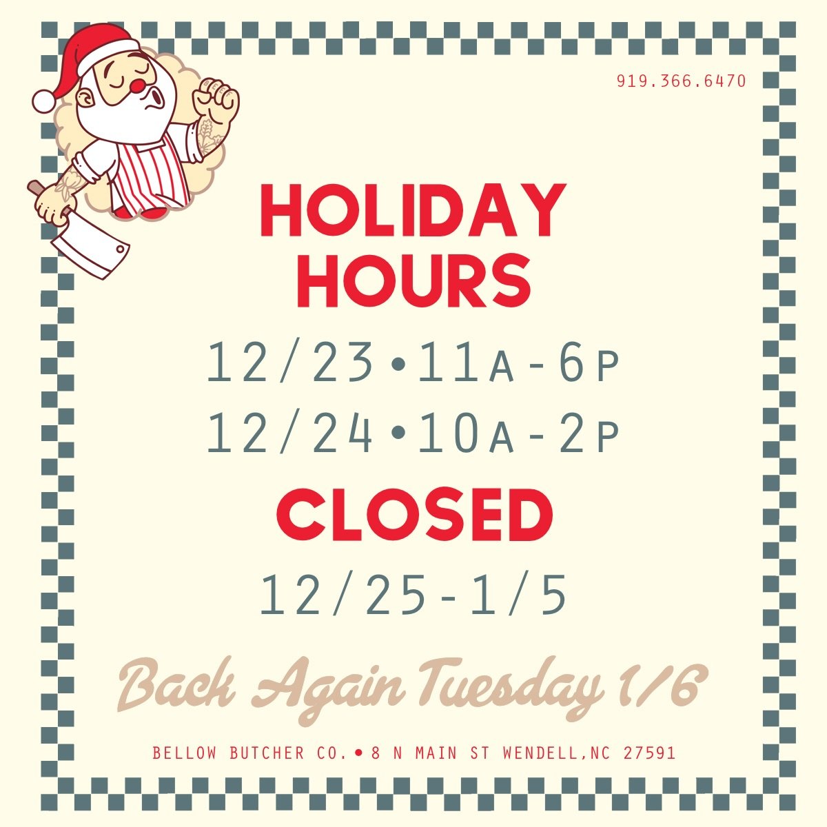 Holiday hours update 🎄!

We&rsquo;ll be here for Holiday pick ups and offerings from the butcher case on 12/23, 11-6 and 12/24 from 10-2. We&rsquo;re focusing on your special orders and won&rsquo;t have sandwiches these days, BUT if you need a snack
