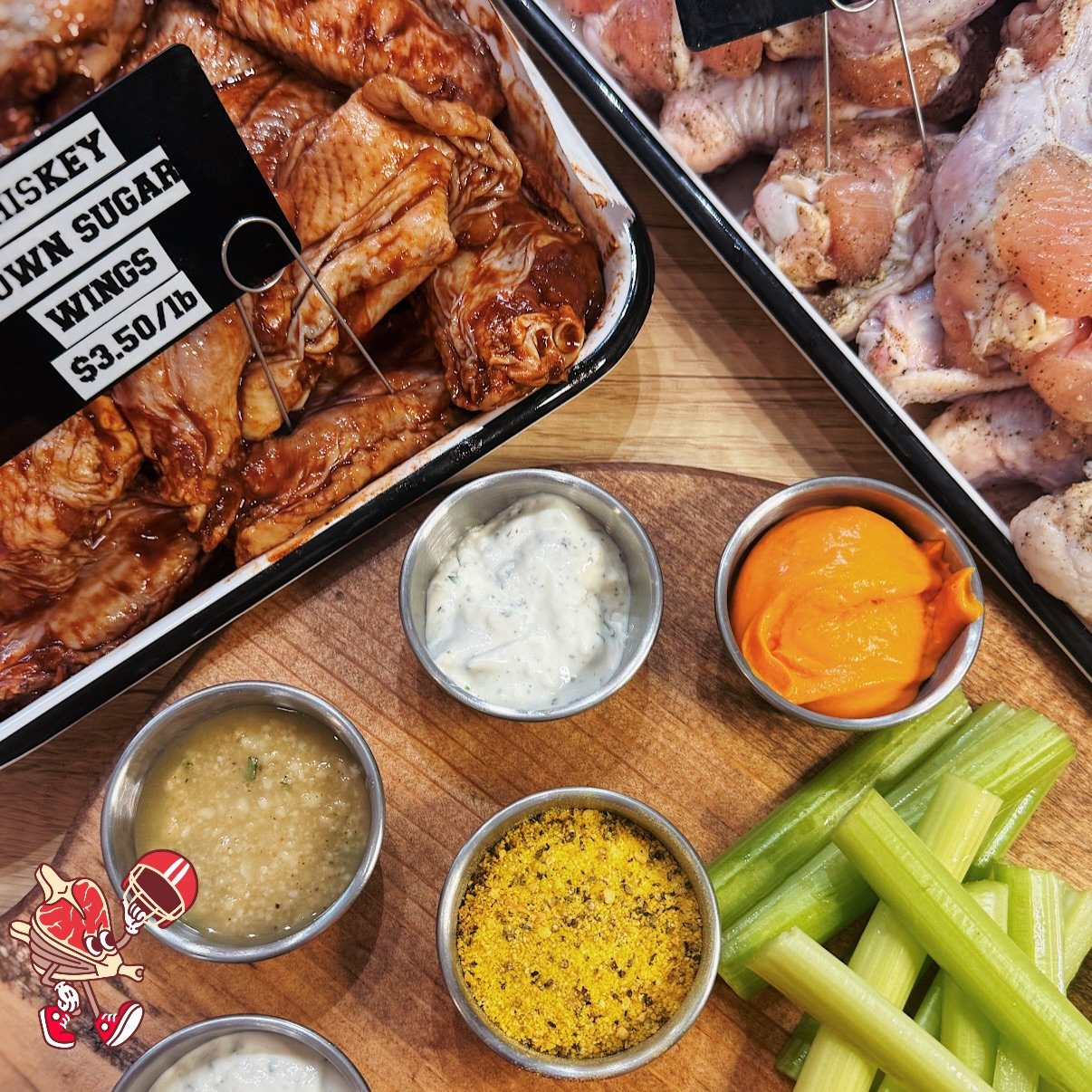 Super Bowl plans? We&rsquo;re handling the wings.

We&rsquo;ve got whiskey brown sugar wings and naked wings ready for game day.
$3.50 / lb

Sauce &lsquo;em up or keep it classic with your choice of:
- House buffalo
- Garlic Parmesan
-  Blue cheese
-
