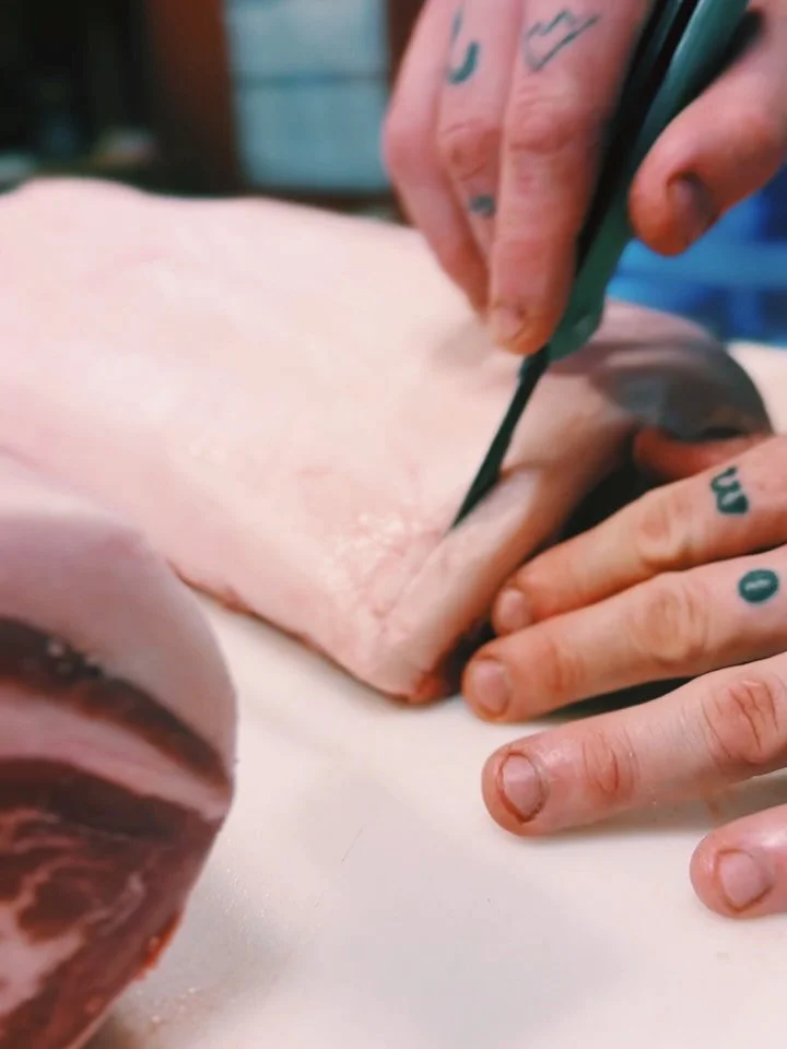Chris loaded up the dry ager with our next batch of pork loins.

First up: score the fat cap, give it a quick spritz, tag it, and let time do its thing. These beauties went in on 5/29 and will be ready to cut on 6/5 after a week of dry aging.

Unlike
