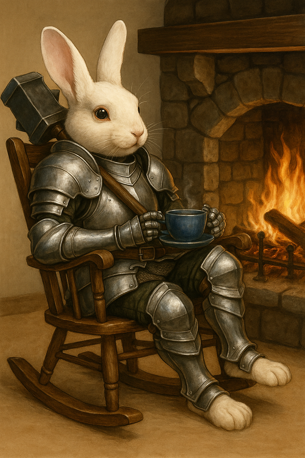 A rabbit with a human body dressed in armor, sitting in a rocking chair holding a cup, in front of a fireplace.
