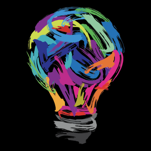 Illustration of a light bulb with colorful, rainbow-like brush strokes forming the shape of the bulb.
