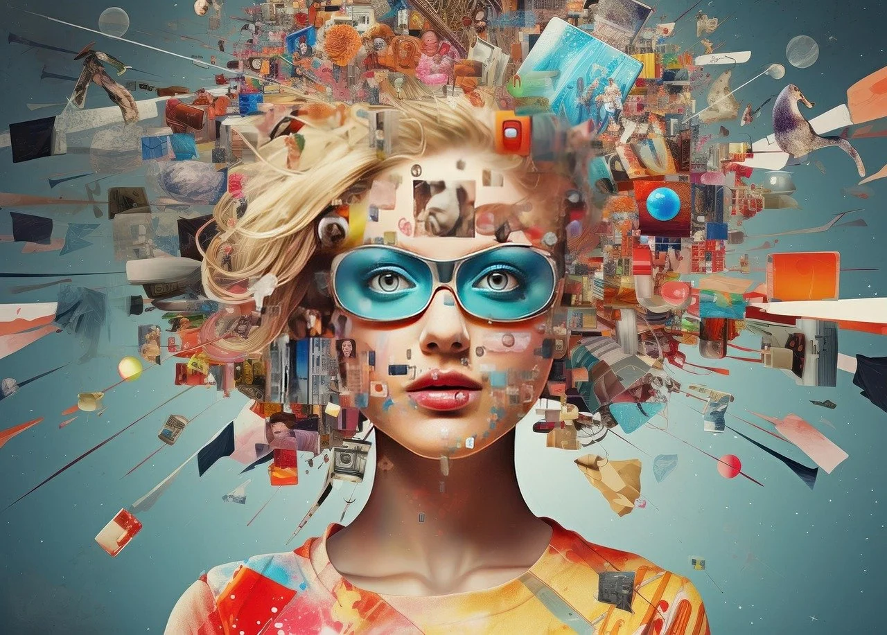 Abstract digital art of a woman with blonde hair and large blue glasses, surrounded by floating digital images, icons, and objects in a futuristic style.