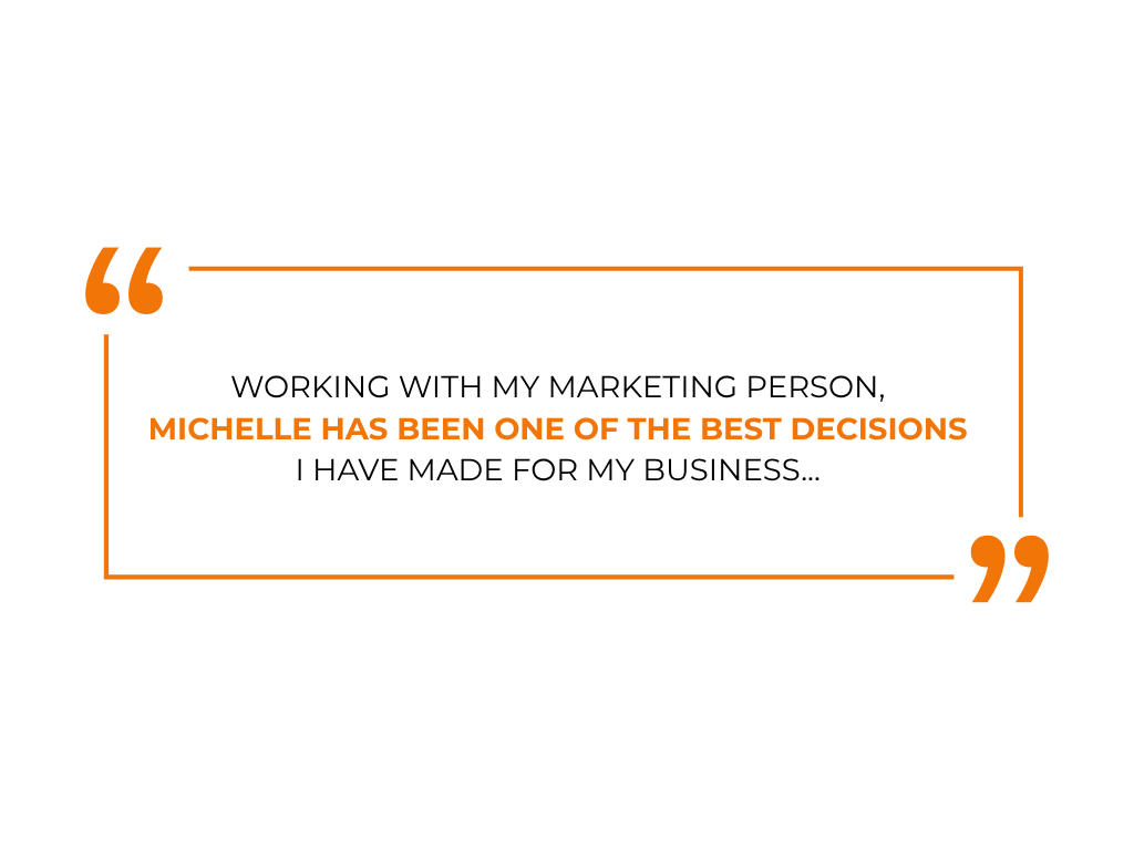 Client testimonial quote box for Salty Rebel Business Solutions that reads: "Michelle has been one of the best decisions".