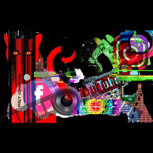 A collage of digital and electronic elements including a snake, human face, social media icons, and musical symbols over a black background.