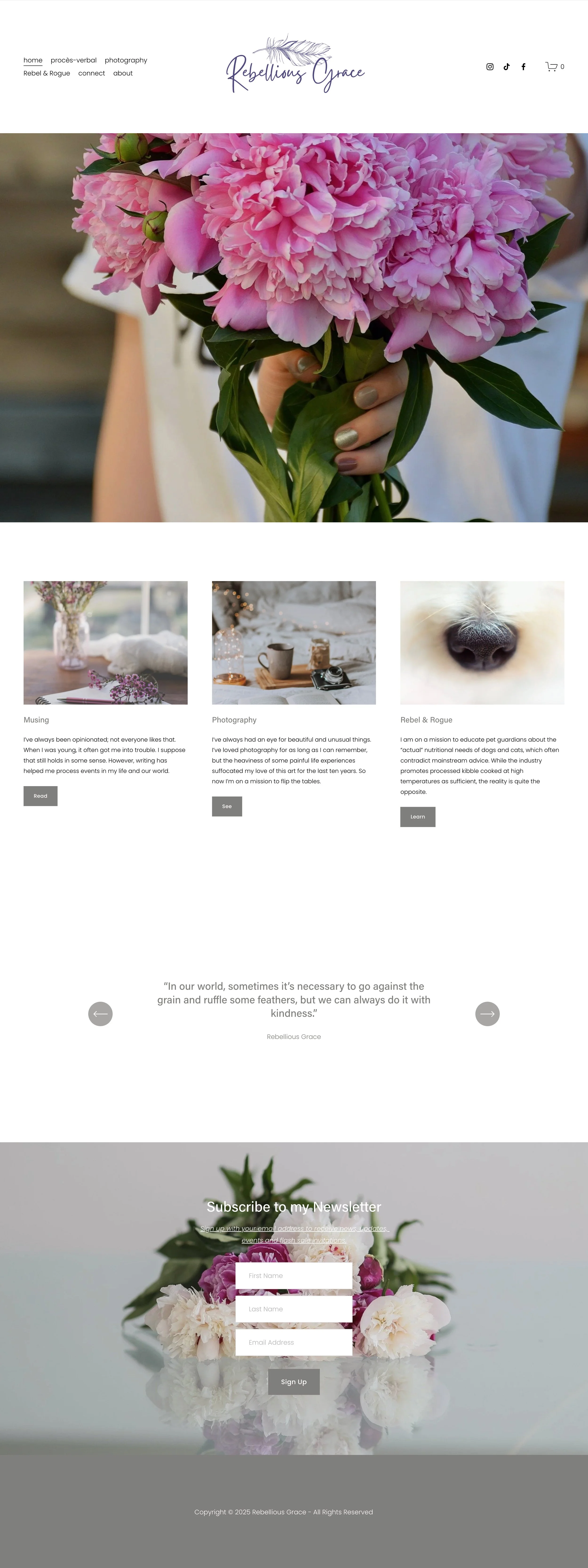 Home page Image of a website titled "Rebellious Grace" that depicts a close-up photograph of pink peony flowers with green buds and leaves.
