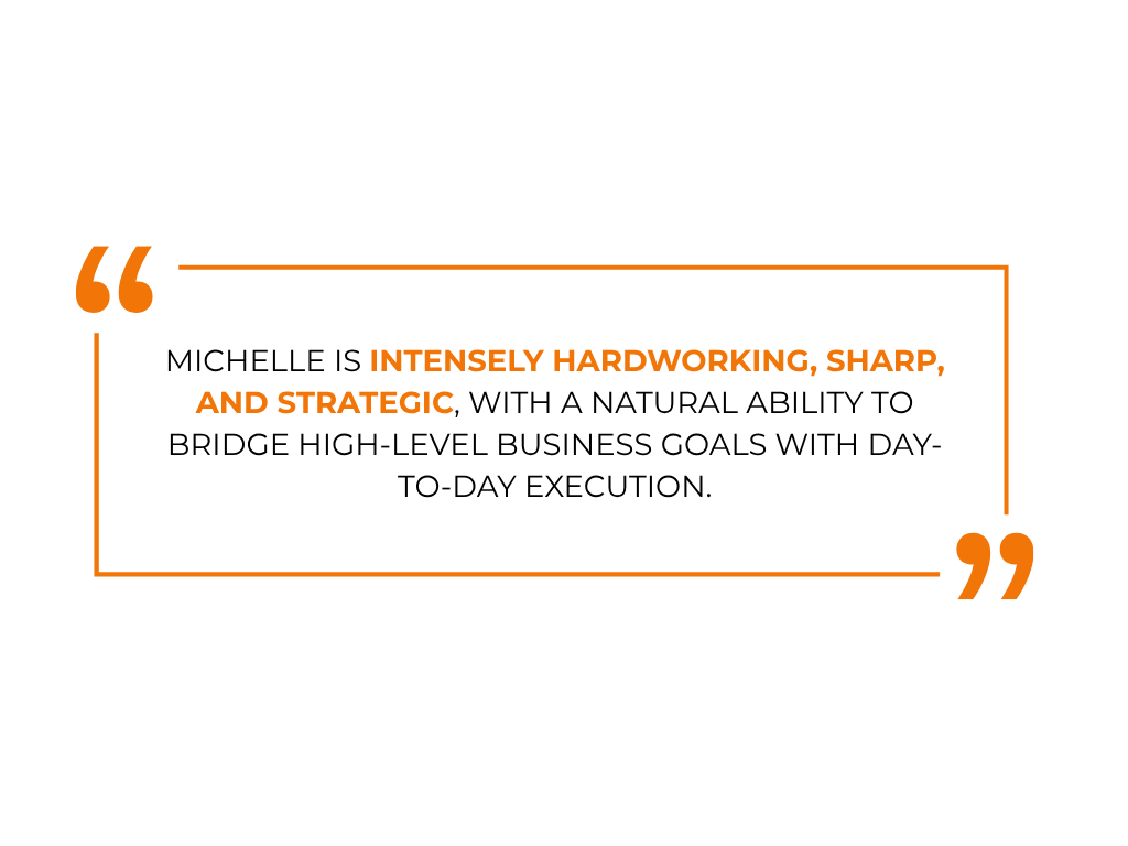 Client testimonial quote box for Salty Rebel Business Solutions that reads, "Intensely hardworking, sharp, and strategic," enclosed in an orange rectangular border with stylized quotation marks.