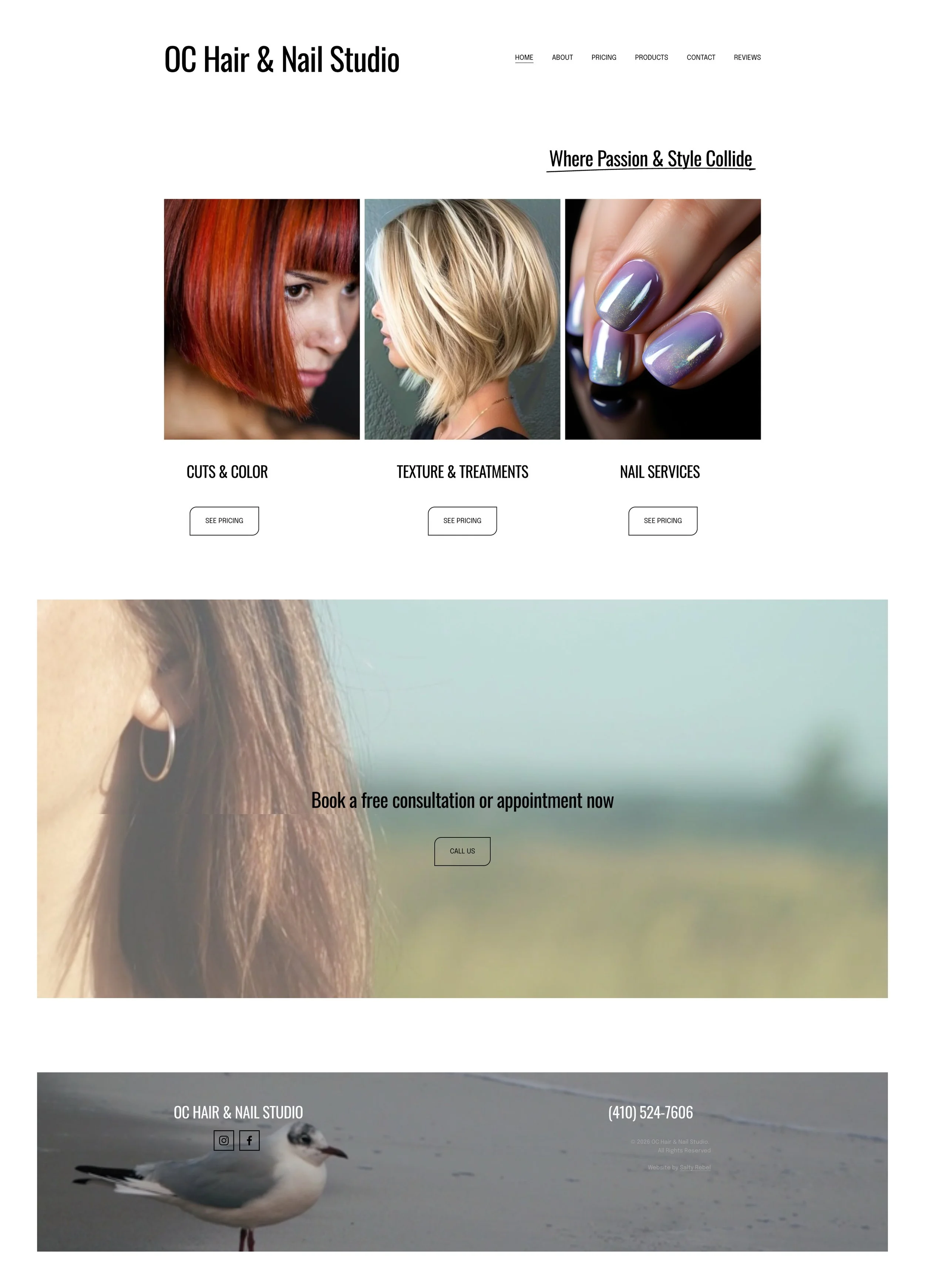 Website homepage for OC Hair & Nail Studio featuring three images: a woman with straight, red hair, a woman with a blonde, layered bob, and close-up of manicured nails with purple and glittery nail polish.