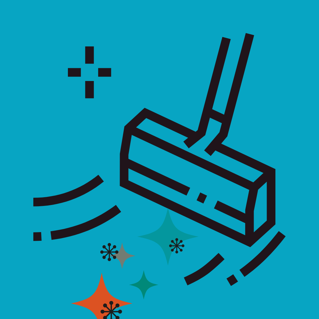 Icon of a vacuum cleaner with particles and sparkles around it against a blue background.