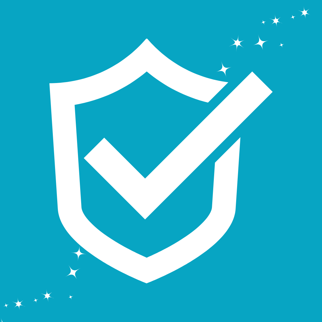 A blue background featuring a white shield outline with a checkmark inside, surrounded by small white sparkling stars.