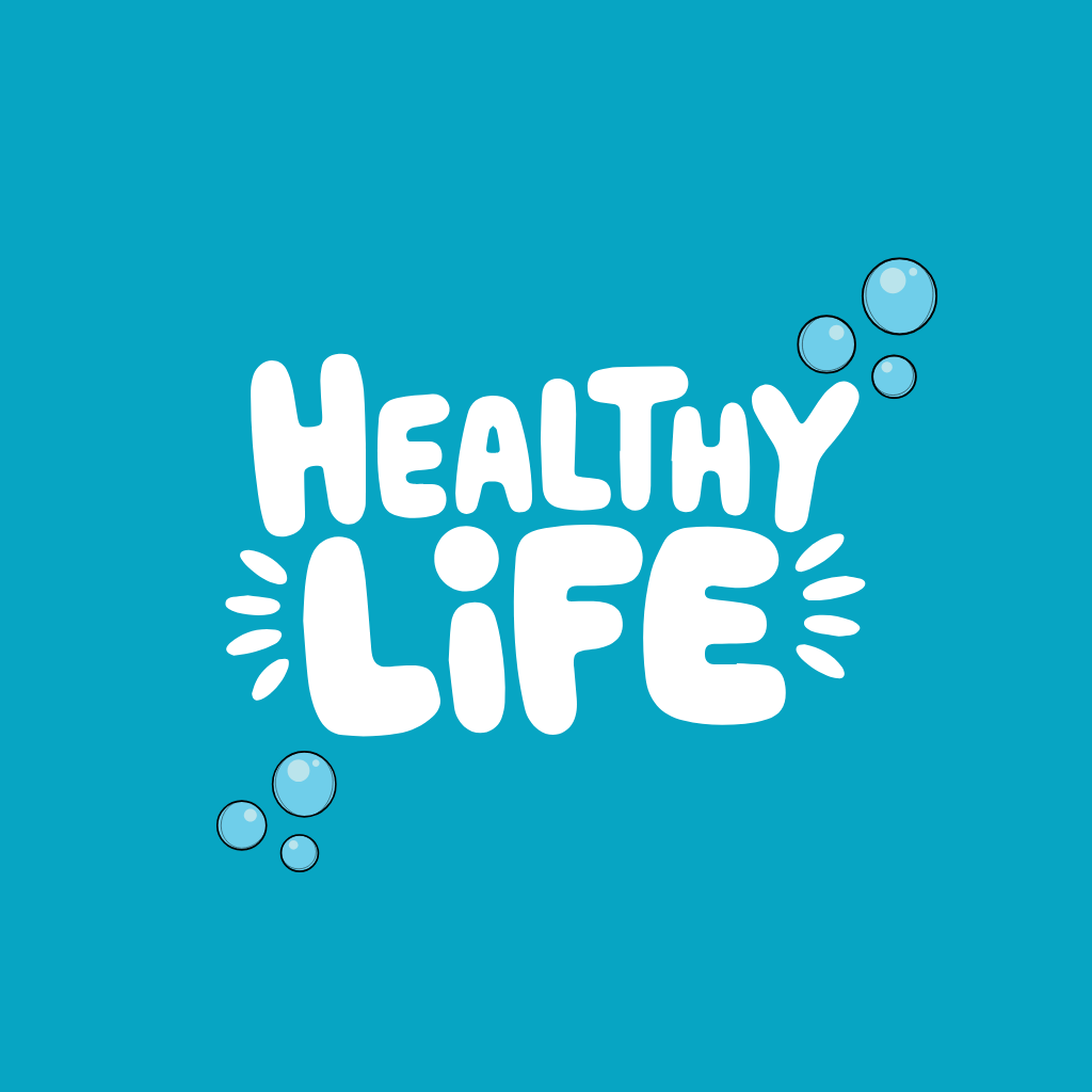 Blue background with white, playful text that says "Healthy Life" surrounded by bubbles and water splashes.