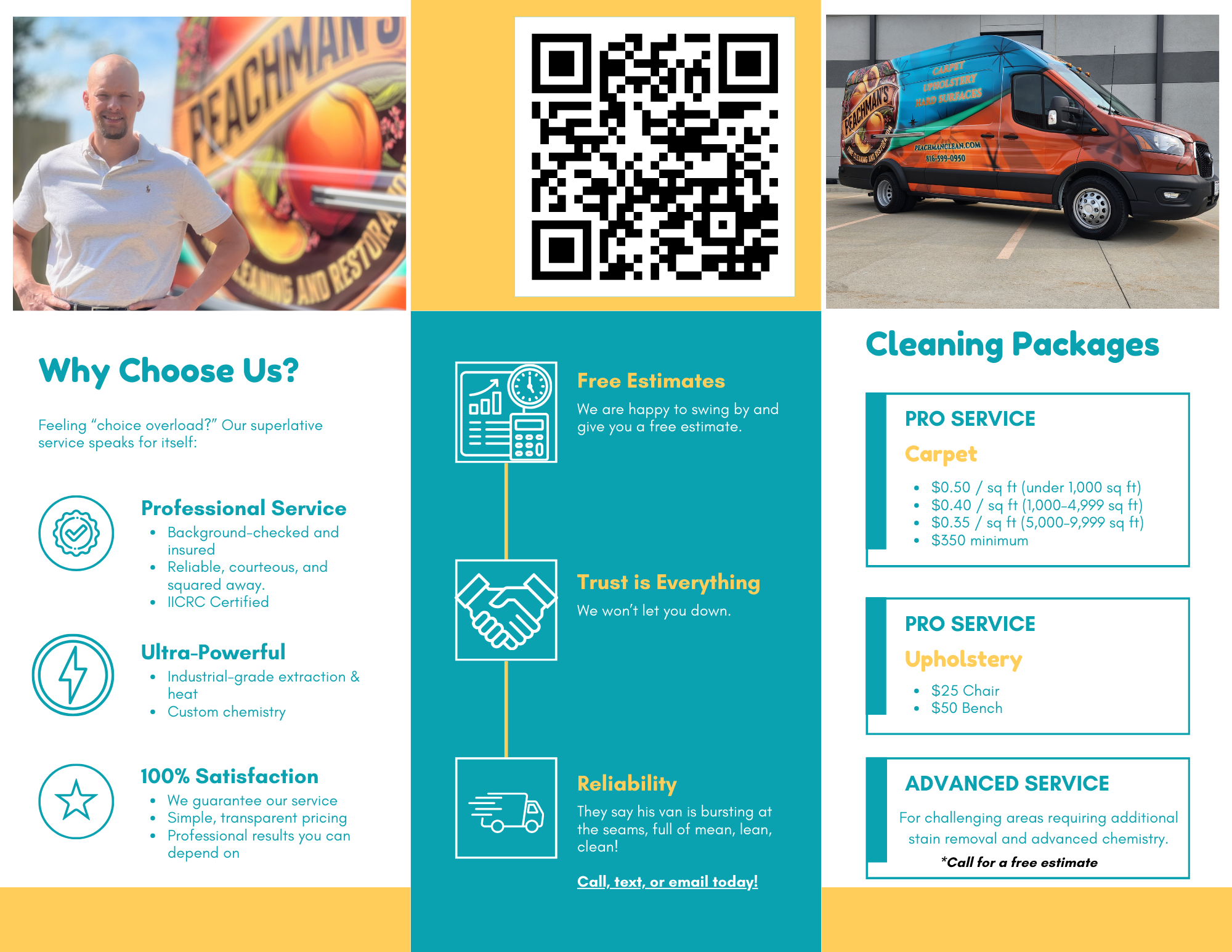 A business flyer for Peachman's Cleaning and Restoration featuring a man smiling outdoors, a QR code, a branded service van with Peachman's logo, and information on cleaning packages including carpet, upholstery, and advanced cleaning services.