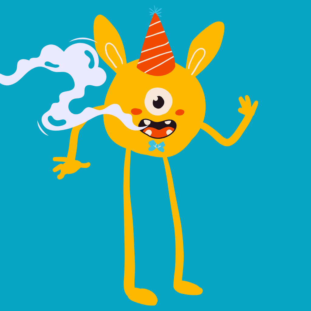A yellow, cartoon monster with one eye, wearing a red and orange striped party hat, blowing smoke out of its mouth, and waving with one hand. It has a blue bow tie and a cheerful expression, set against a blue background.