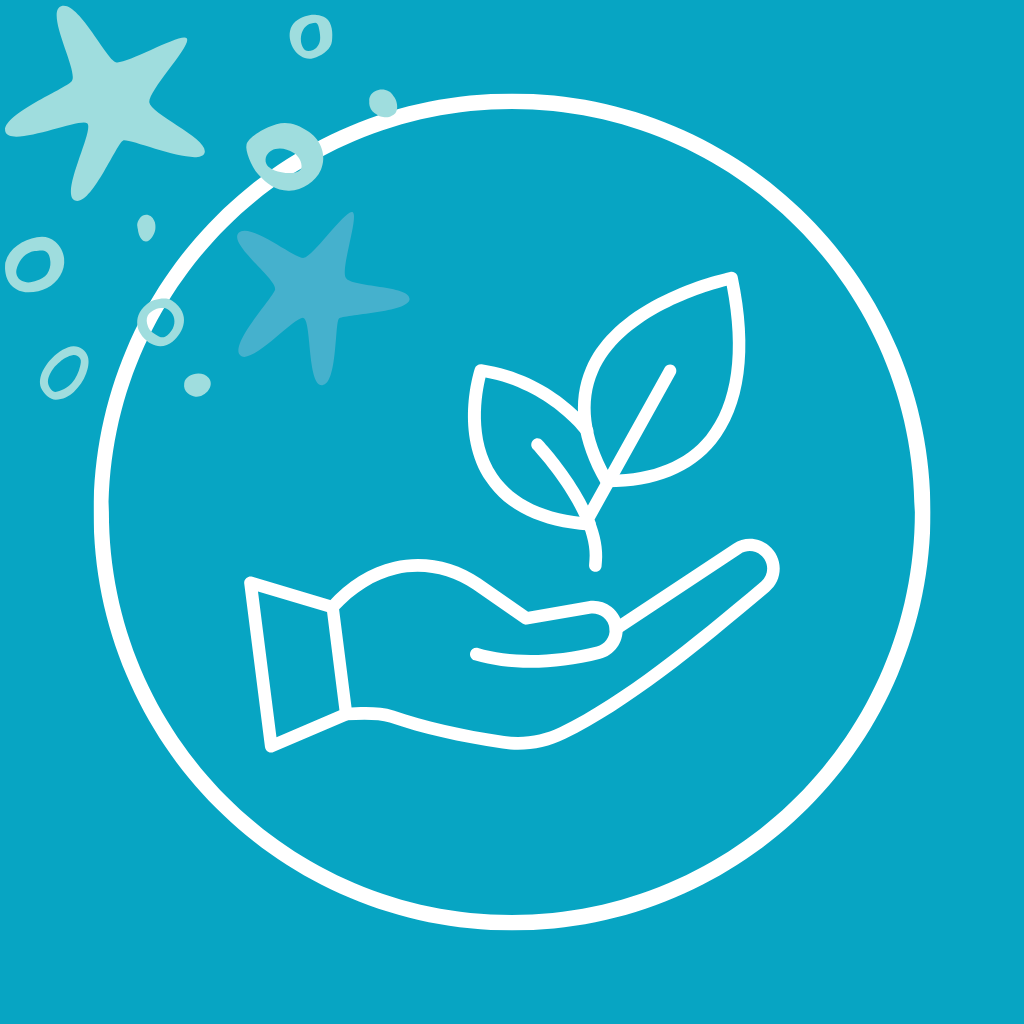 An outline of a hand holding a plant with two leaves inside a circle, with stars and bubbles in the background on a blue background.