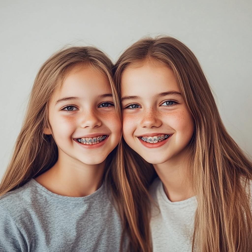 Two pre-teen girls smiling confidently while wearing braces at a Wichita KS orthodontic practice, highlighting orthodontic treatment for growing patients.