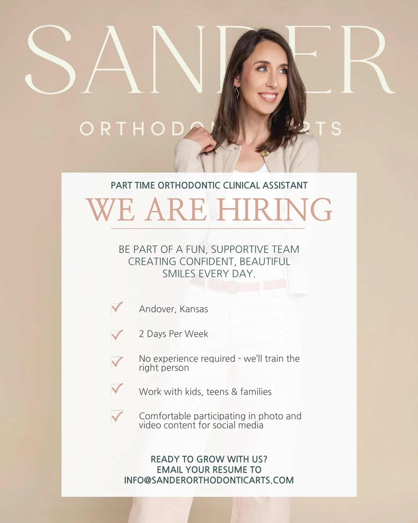 We&rsquo;re growing&hellip;and we&rsquo;re looking for the right person to grow with us. 🤍

Sander Orthodontic Arts is hiring a part-time clinical assistant (2 days per week) to join our fun, close-knit team in Andover.

No orthodontic experience? T