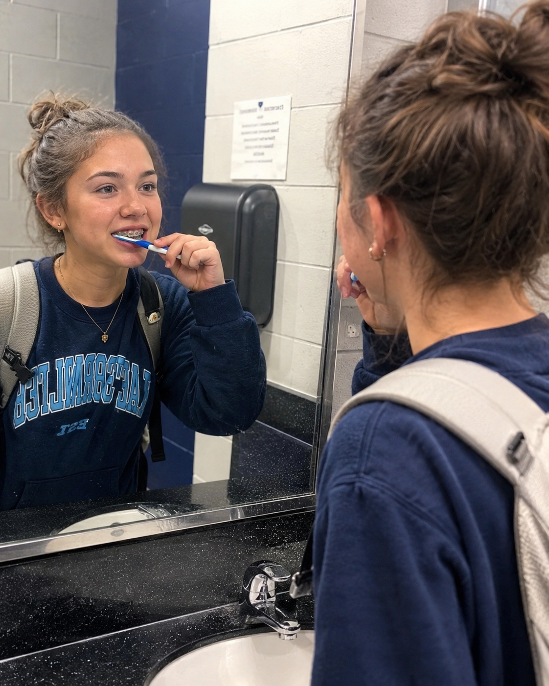 Student using a travel toothbrush to clean braces after lunch