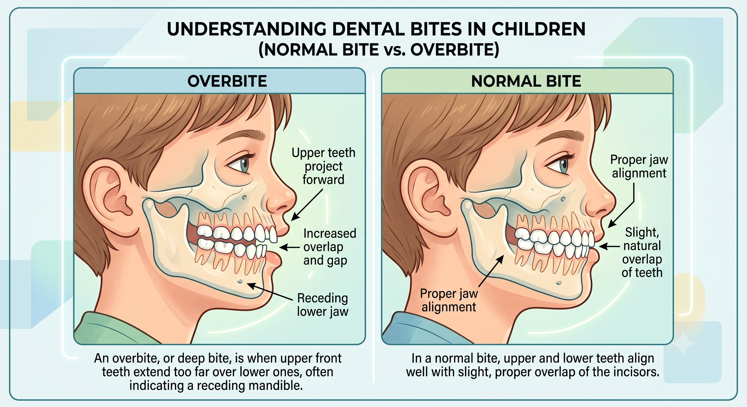 Illustration showing the difference between a normal bite and an overbite in children.