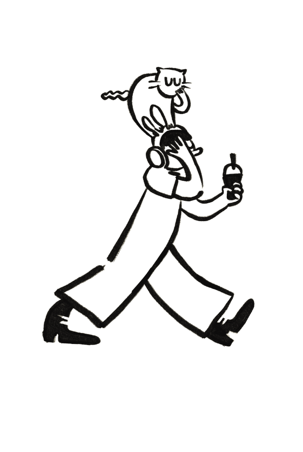 illustration of a person drinking coffee and carrying a cat on their head